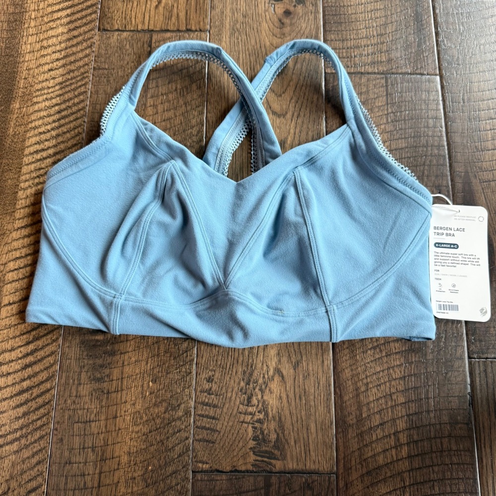 Phoenix Bergen Lace Trip Bra Light Blue XL A-C Cross Back Lace Trim NWT